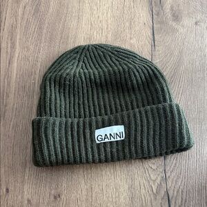Ganni Dark Green Ribbed Beanie